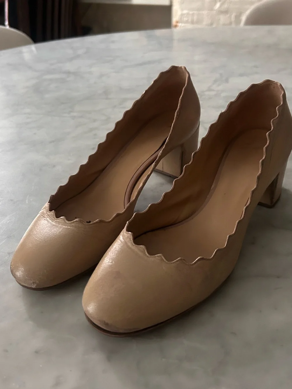 Chloe Scalloped Block Heel Pumps in Nude